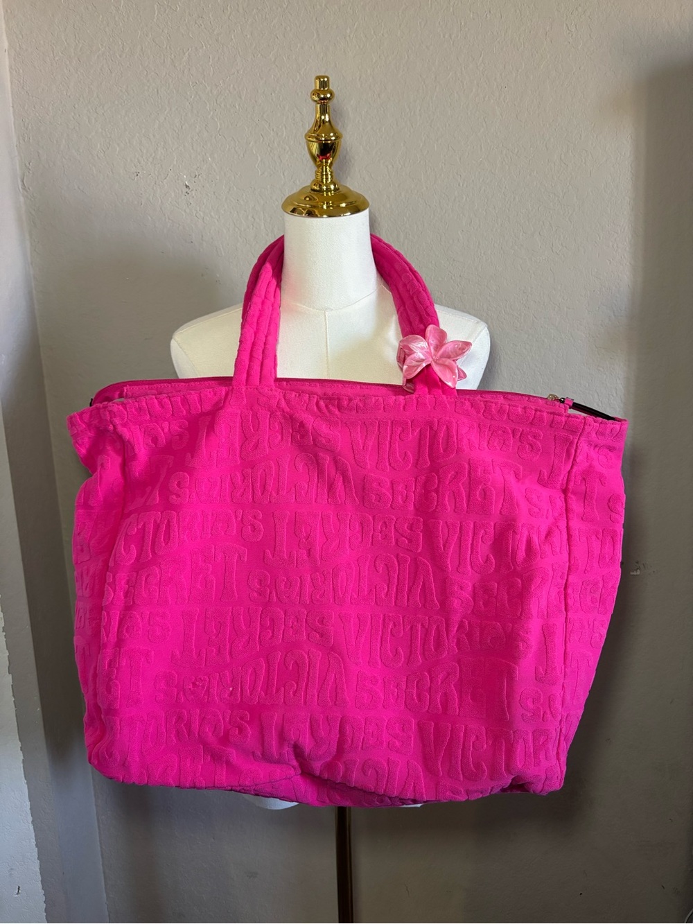 Victoria's Secret Hot Pink Quilted Tote with flower clip Accent